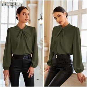 NWT Grace Karin Olive Green Satin Silk Twist Mock Long Sleeve Blouse Shirt L